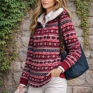 L.L. BEAN Red Fair Isle Fleece-Lined Nordic Hoodie, M